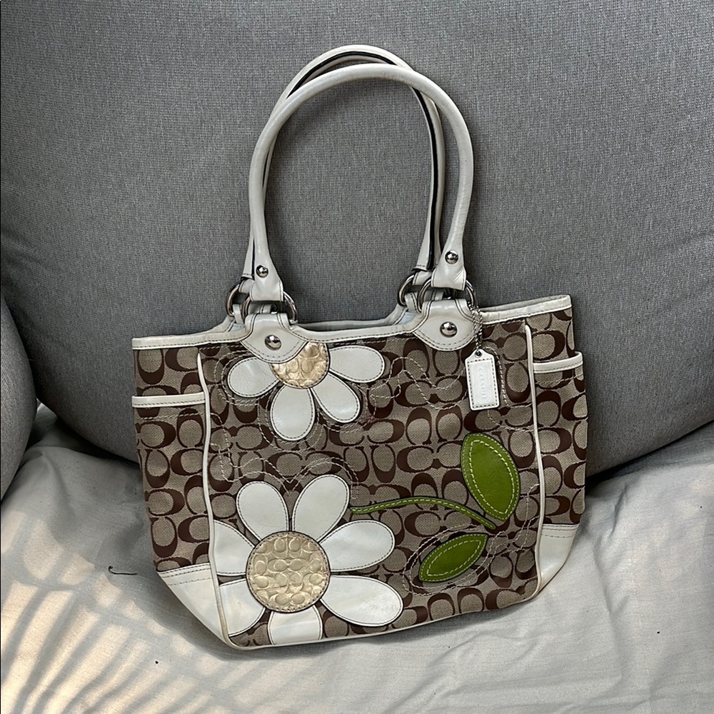 Coach Brown and White Floral Tote Bag